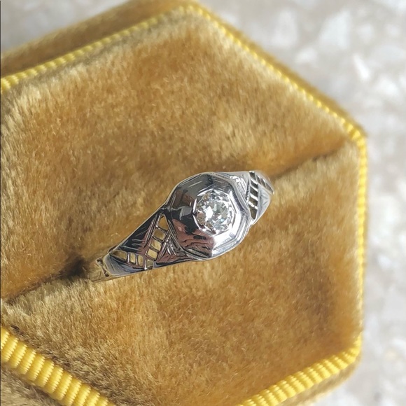 18k White Gold Filigree Diamond Ring Art Deco - Picture 9 of 10